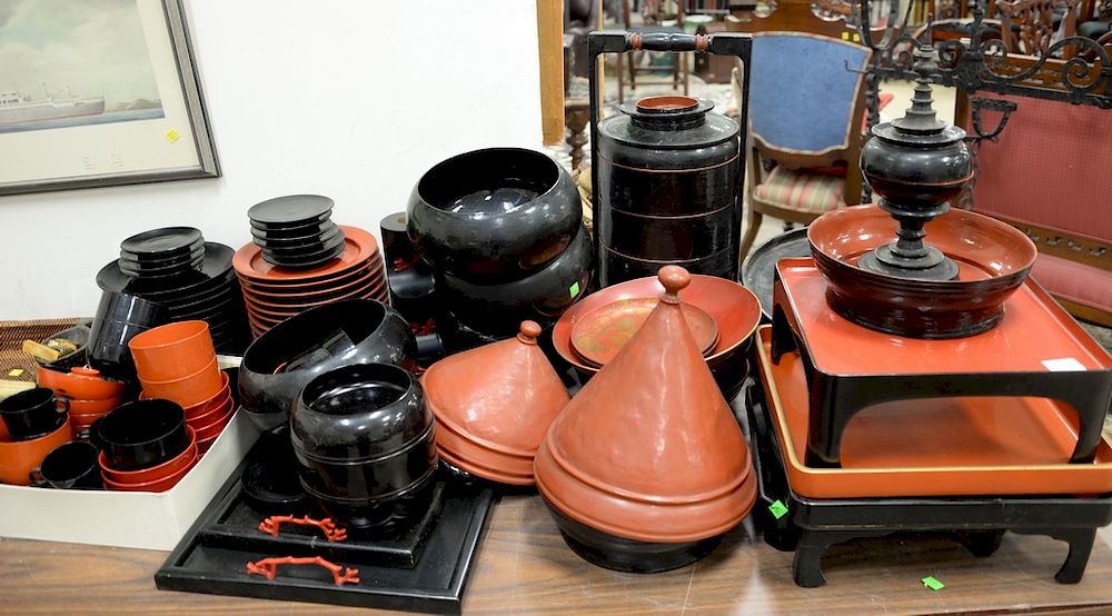 Appraisal: Large lot of lacquerware trays plates cups bowls red and