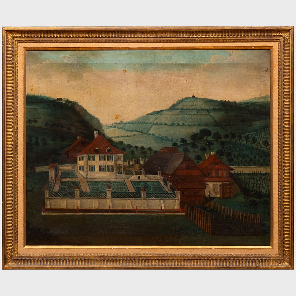 Appraisal: China Trade School House and Gardens Oil on burlap unsigned