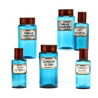 Appraisal: Assembled Set of Six French Turquoise Glass Apothecary Bottles th