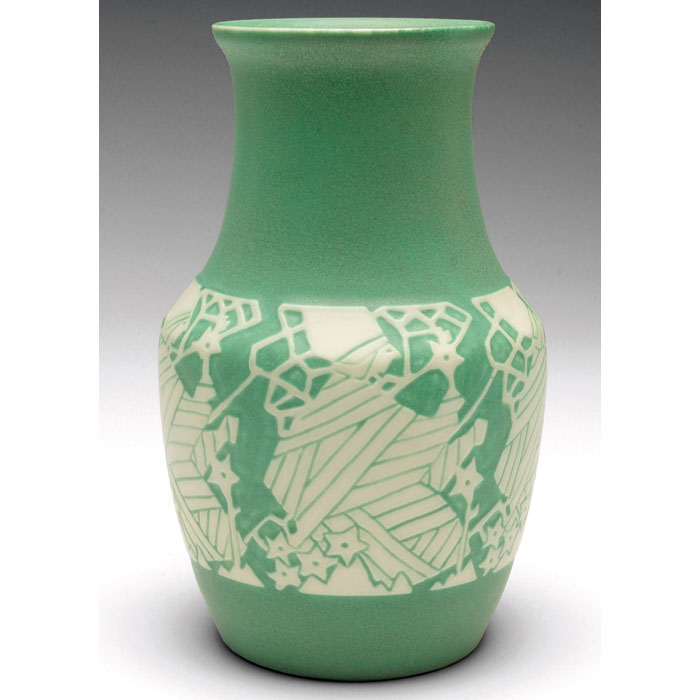 Appraisal: Fine Overbeck vase shouldered shape with numerous incised figures in