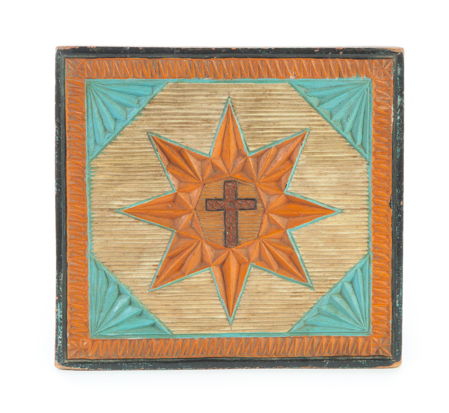 Appraisal: AMERICAN CARVED AND PAINTED WOODEN PLAQUE Twentieth century pine Geometric