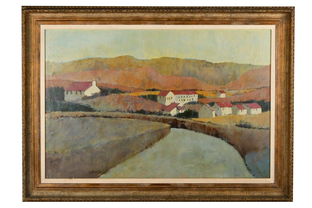 Appraisal: ALVARO VILLAGE IN LANDSCAPEoil on canvas signed lower left x