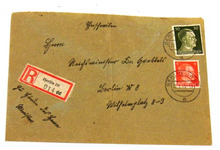 Appraisal: Envelope stamped and addressed to Reich Minister Dr Goebbels