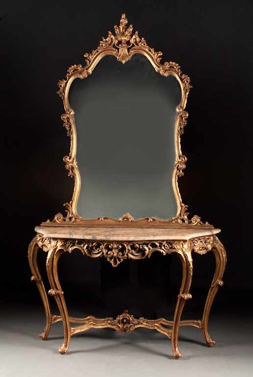 Appraisal: Louis XV style carved giltwood marble-top console with matching mirrored