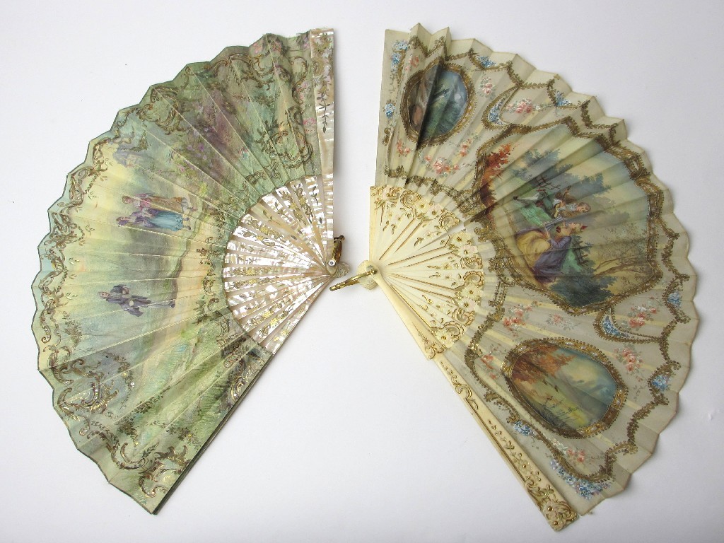 Appraisal: A painted fan decorated with two ladies and a gentleman