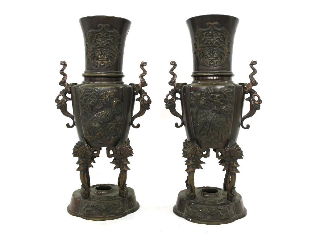 Appraisal: Pair of Japanese ornate cast bronze vases the flared necks