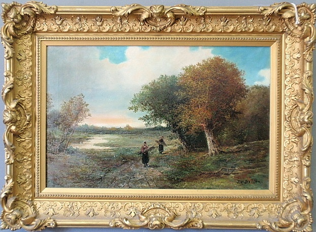 Appraisal: - Oil on canvas landscape painting of harvesters signed l