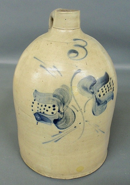 Appraisal: - Three-gallon stoneware jug with blue tulip decoration h x