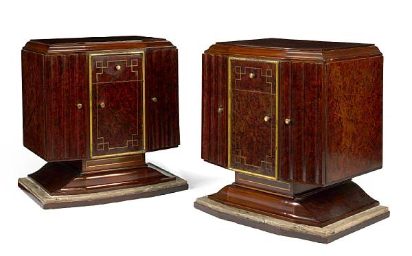 Appraisal: A pair of Art Deco brass-inlaid grain-painted walnut and marble