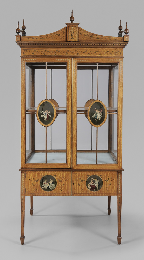 Appraisal: Adam Style Paint-Decorated Satinwood Four-Sided Vitrine British th century highly