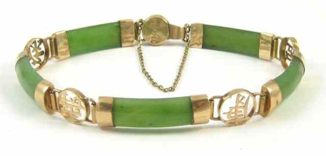 Appraisal: JADE AND FOURTEEN KARAT GOLD BRACELET - '' in length