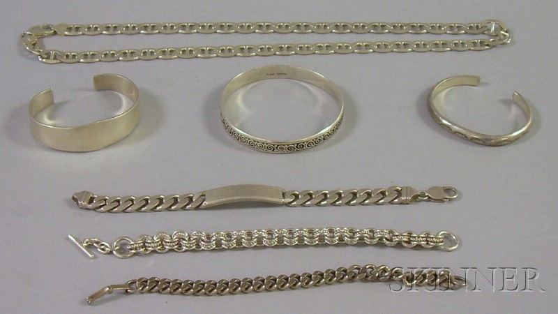 Appraisal: Seven Silver Bracelets three bangles and chains approx troy oz