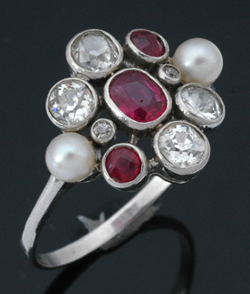 Appraisal: An Edwardian ruby diamond and pearl ring Circa The platinum