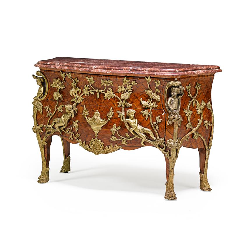 Appraisal: LOUIS XV STYLE COMMODE Patinated metal mounted parquetry kingwood with