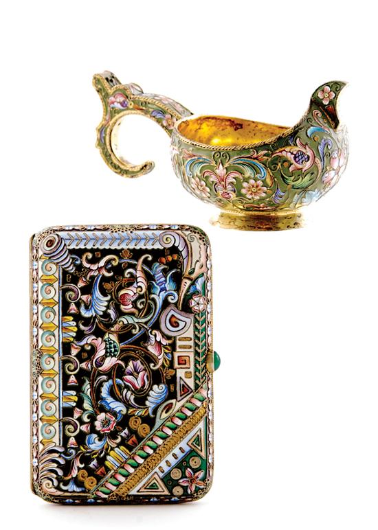 Appraisal: Russian silver-gilt and enamel kovsh and cigarette case Moscow circa