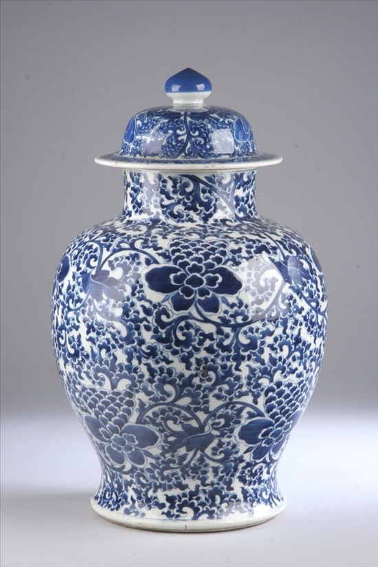 Appraisal: CHINESE BLUE AND WHITE PORCELAIN TEMPLE JAR AND COVER Qing