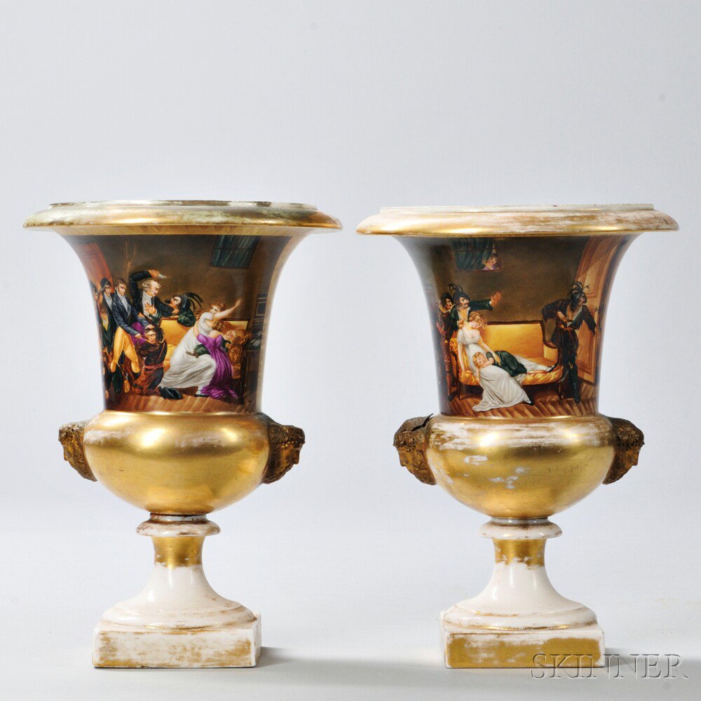 Appraisal: Pair of Limoges Porcelain Urns with Interior Scene France th