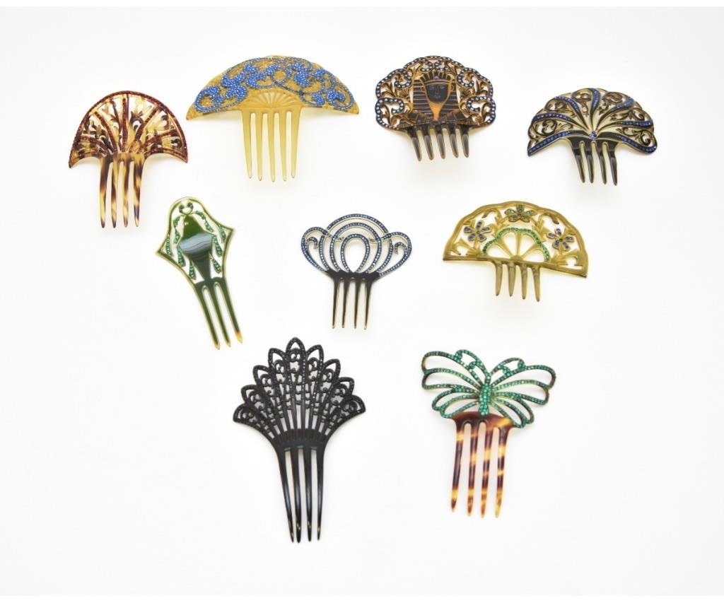 Appraisal: Eight celluloid plastic hair combs some of French origin to