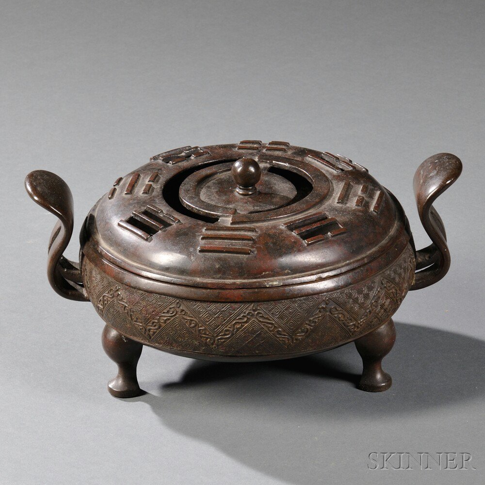 Appraisal: Tripod Bronze Censer Japan the body cast with hui wen