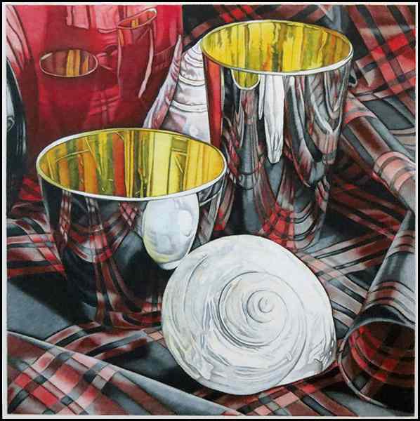 Appraisal: JEANETTE PASIN-SLOAN TWO CUPS WITH SHELLS colored pencil signed Provenance