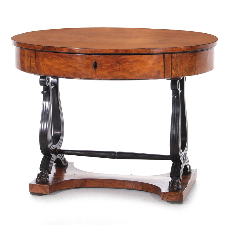 Appraisal: Biedermeier ebonzied cherry writing table manner of Danhauser circa oval