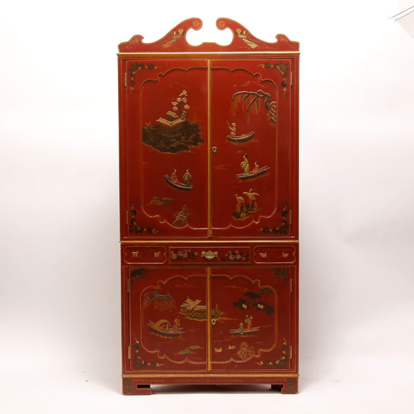 Appraisal: Chinese red lacquer corner cabinet cupboard with gilt and painted