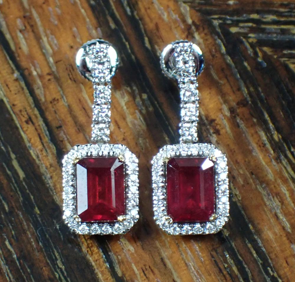 Appraisal: PAIR OF RUBY AND DIAMOND DANGLE EARRINGS WITH GEMSTONE REPORT