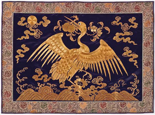 Appraisal: A blue silk ground panel embroidered with gilt-wrapped threads th