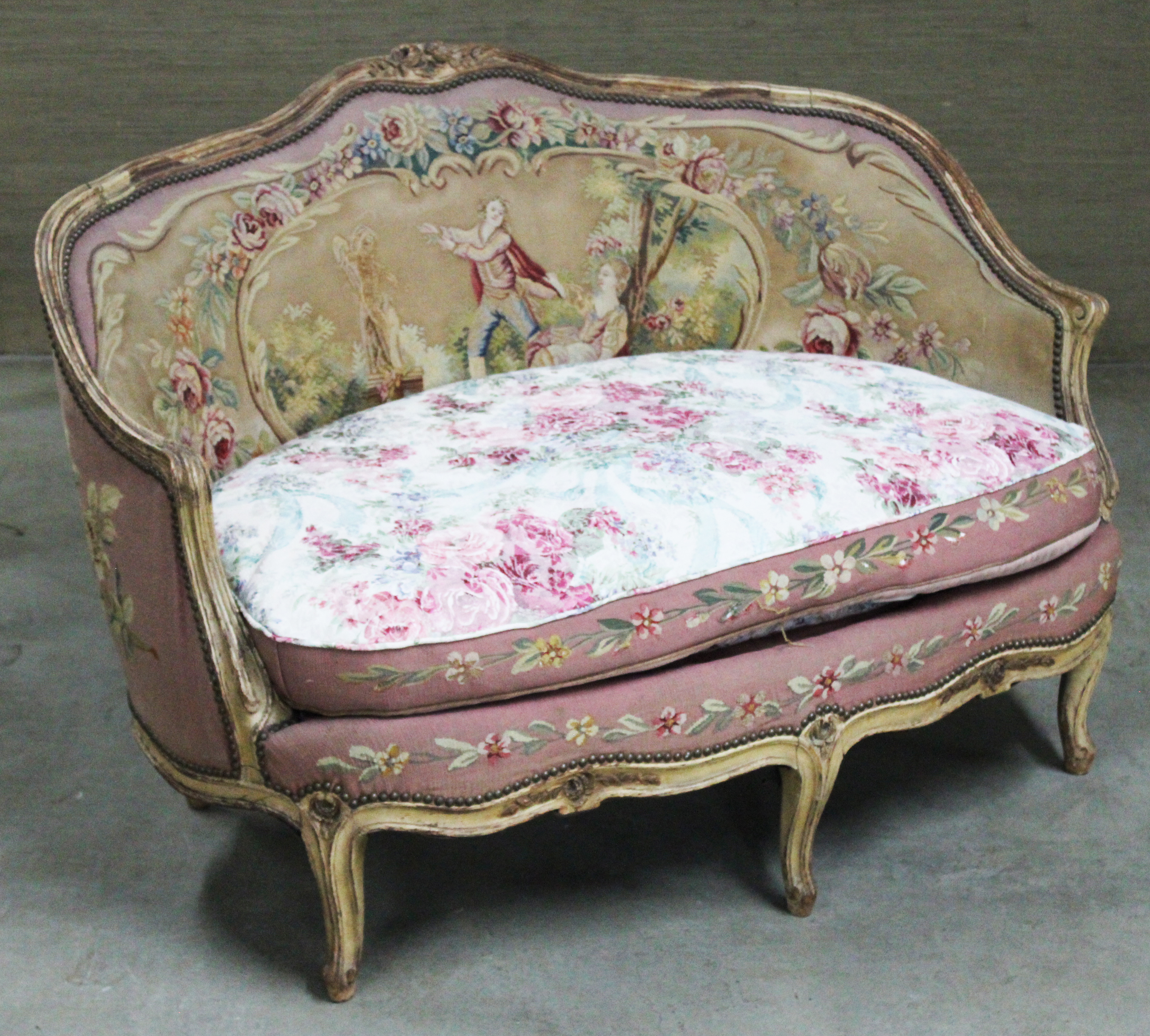 Appraisal: LOUIS XV STYLE SETTE Louis XV style sette with needlepoint