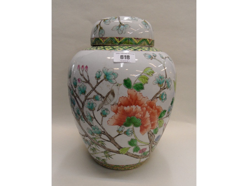 Appraisal: Large Chinese ginger jar decorated with birds amongst magnolia and