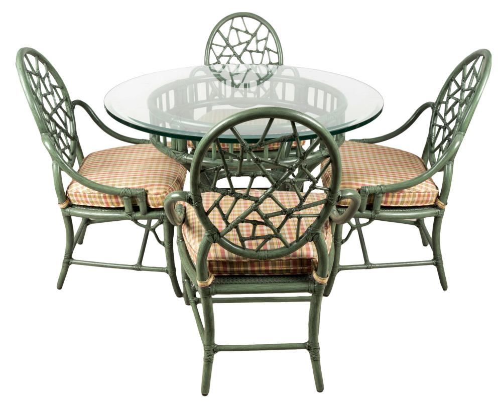 Appraisal: MCGUIRE GREEN-PAINTED RATTAN DINING SETwith manufacturer's tag comprising a round