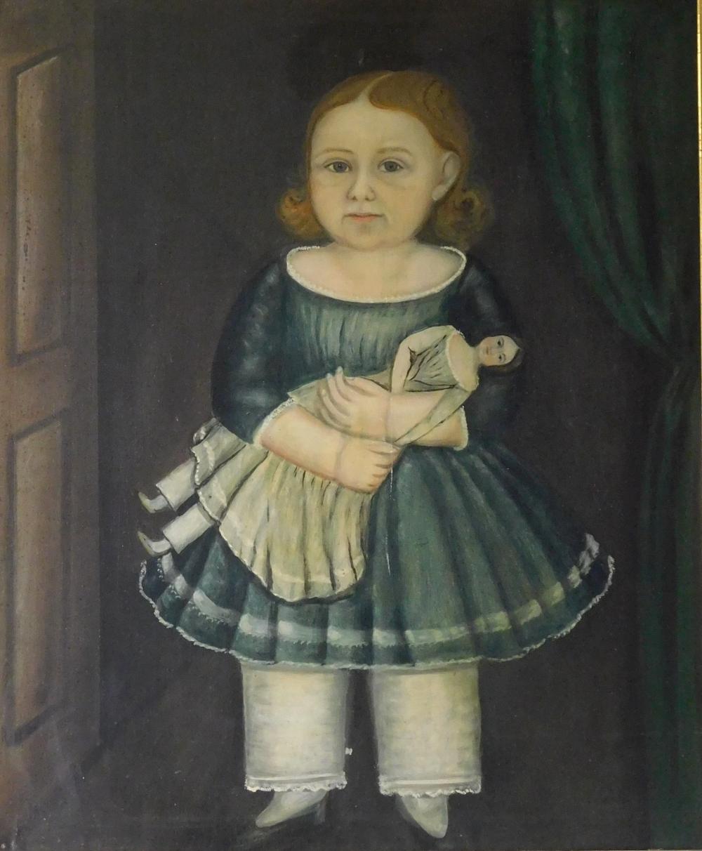 Appraisal: Portrait of young girl holding a doll in the manner