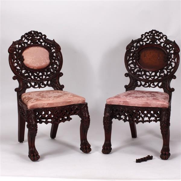 Appraisal: Pair Antique th Century Anglo Indian Profusely Carved Rosewood Parlor