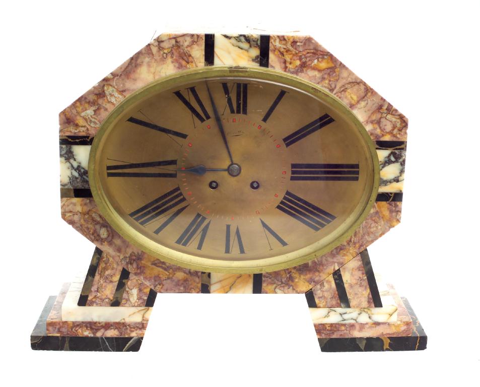 Appraisal: STYLISED CONTINENTAL PINK MARBLE MOTTLED MARBLE MANTLE CLOCK IN THE