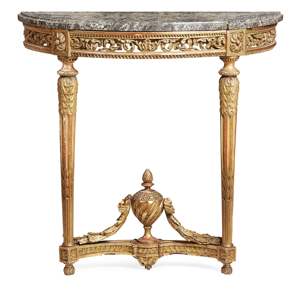 Appraisal: LOUIS XVI GILTWOOD AND MARBLE TOP CONSOLE TABLE LATE TH