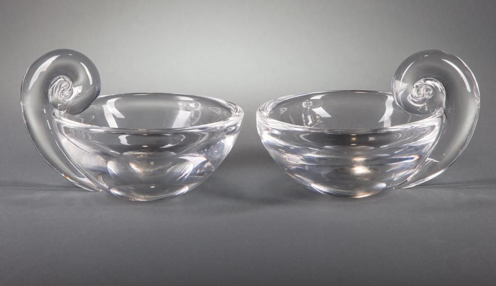 Appraisal: Pair of Steuben Glass Snail-Scroll Olive Dishes etched marks designed