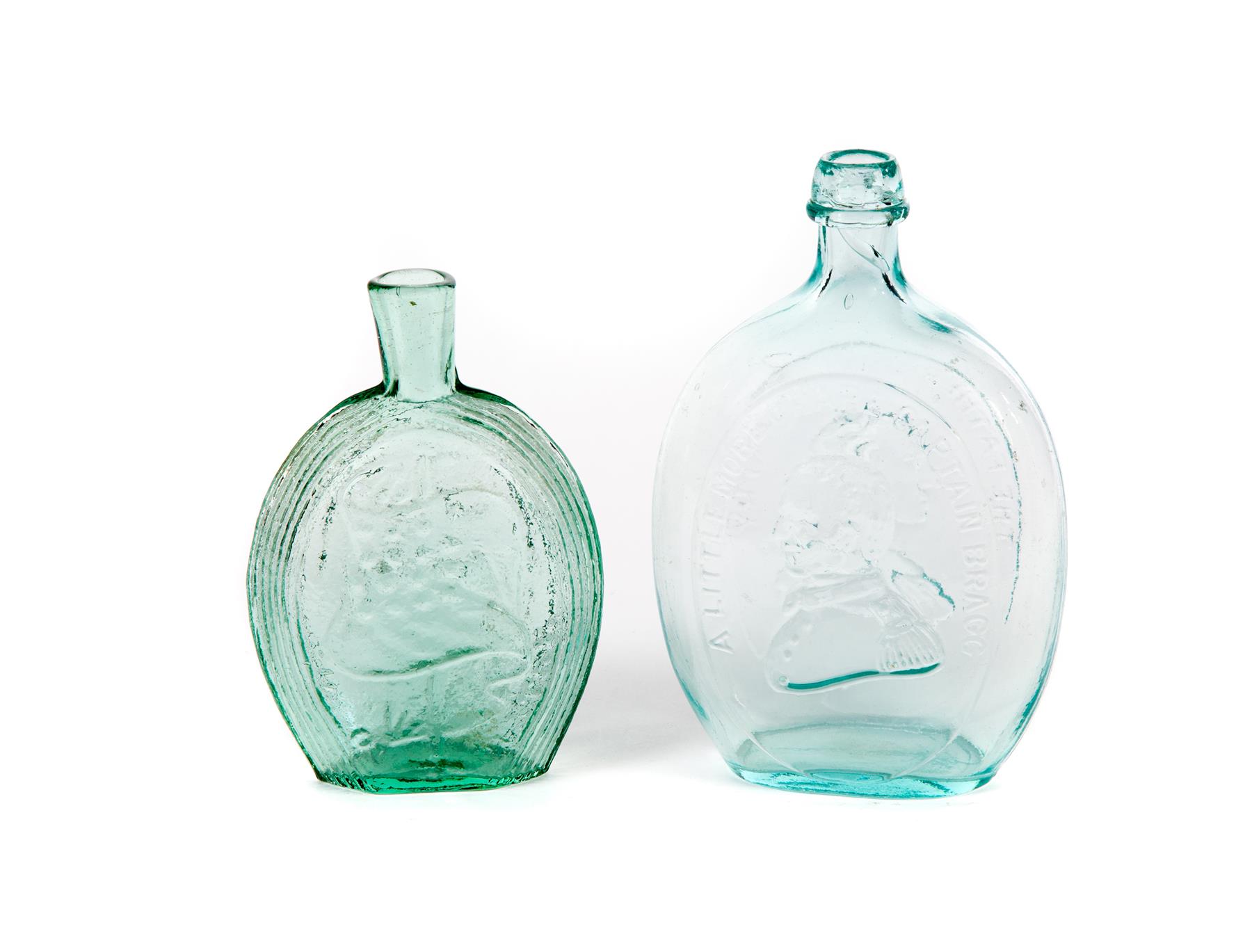 Appraisal: TWO AMERICAN BLOWN GLASS FLASKS First half- th century Aqua