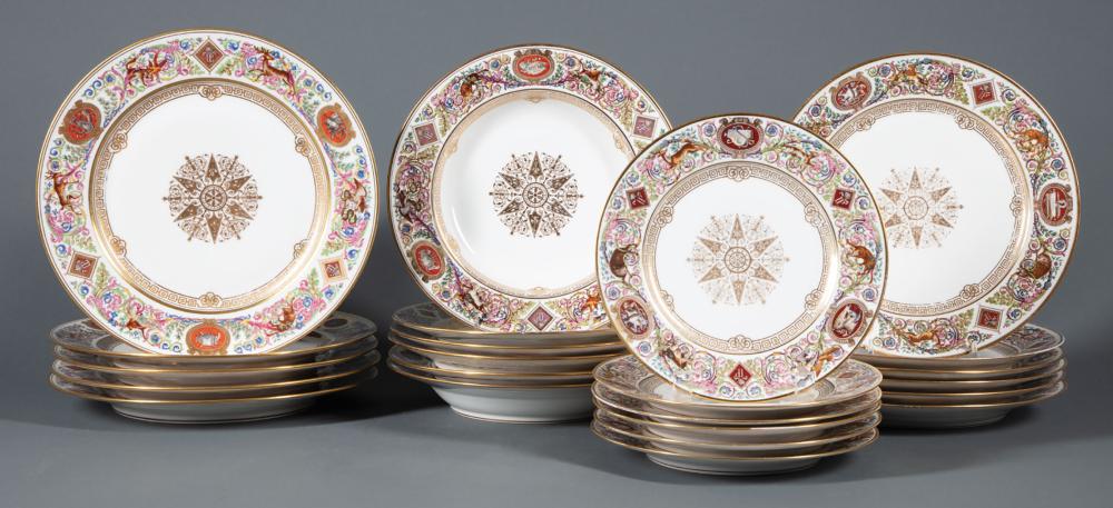 Appraisal: Forty-Six Piece French Polychrome and Gilt Porcelain Hunt Dining Service