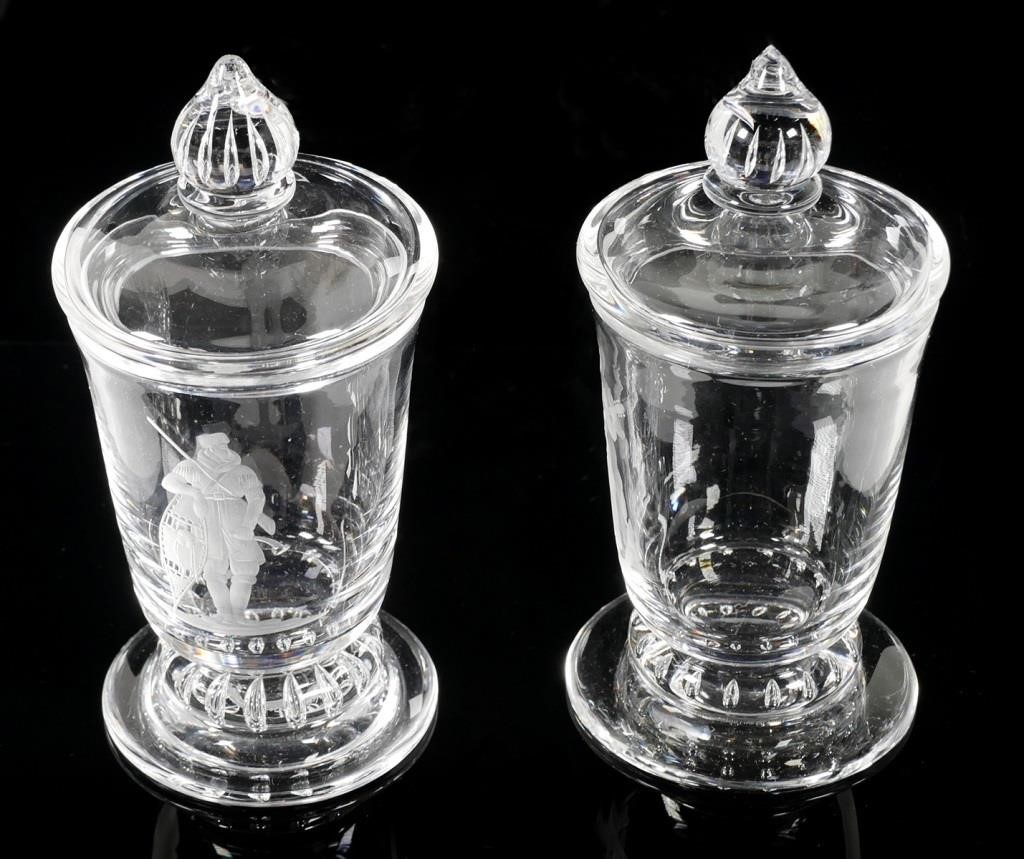 Appraisal: Pair of Steuben Glass American Ballad Industry Series covered urns