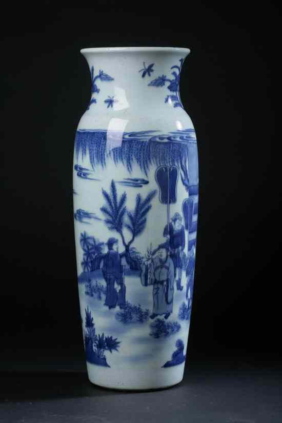 Appraisal: CHINESE BLUE AND WHITE PORCELAIN ROULEAU VASE th century Painted