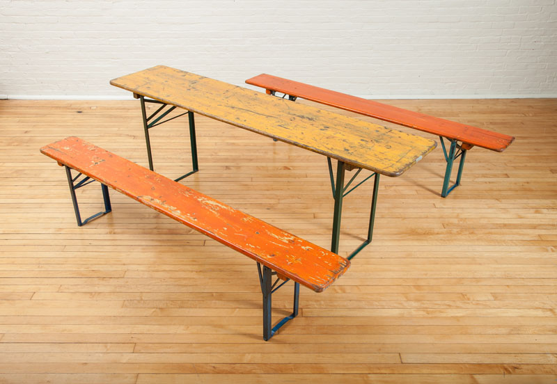 Appraisal: METAL BASE PICNIC TABLE AND BENCHES MARKED ORIGINAL RUKU Table