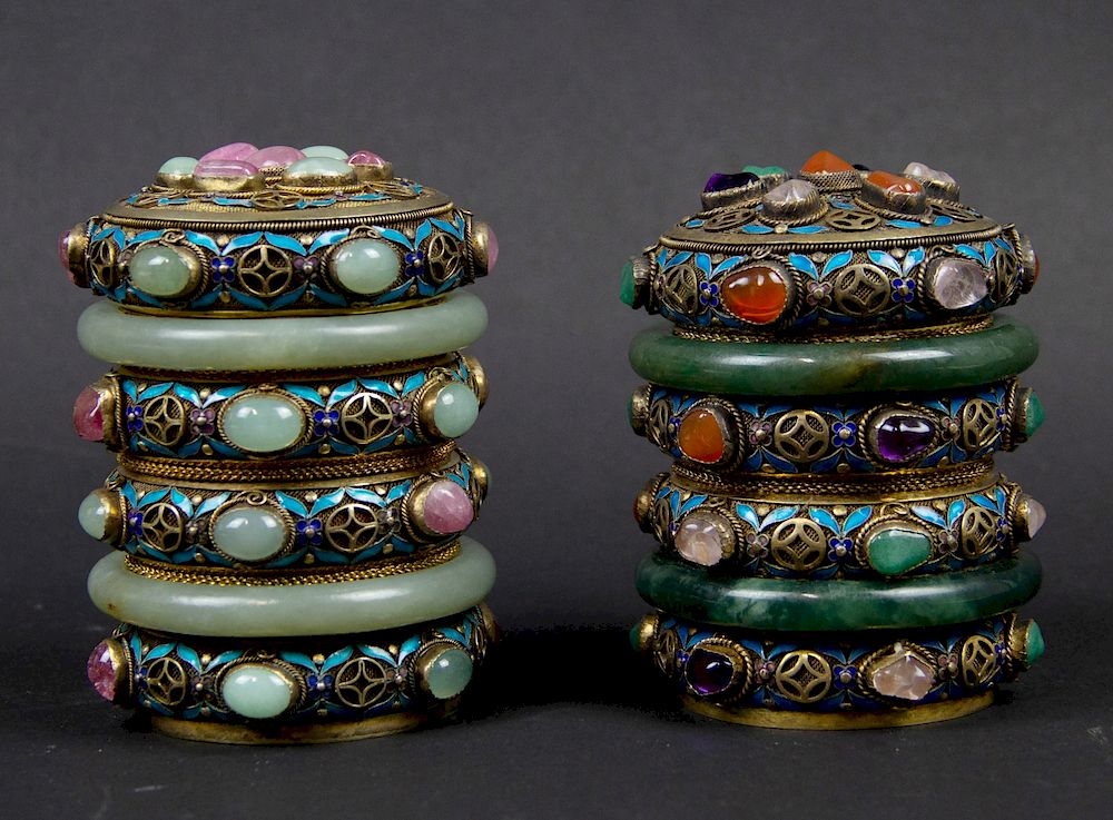 Appraisal: A Pair of Jade Bangle Boxes Chinese Inlaid with hardstone