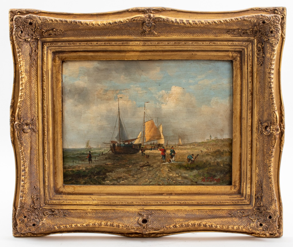 Appraisal: FRENCH SCHOOL NAUTICAL LANDSCAPE OIL ON PANEL French School oil