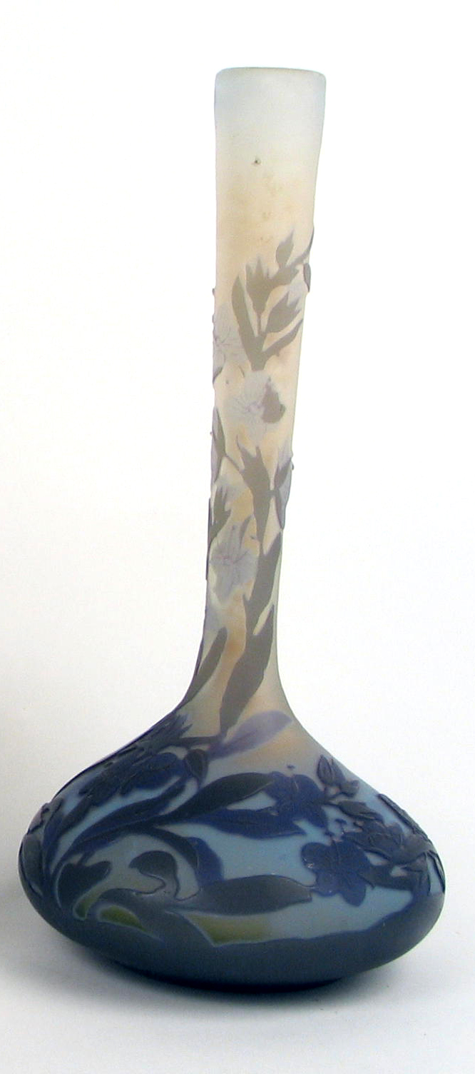 Appraisal: GALLE CAMEO GLASS STICK VASE The bulbous base shading from