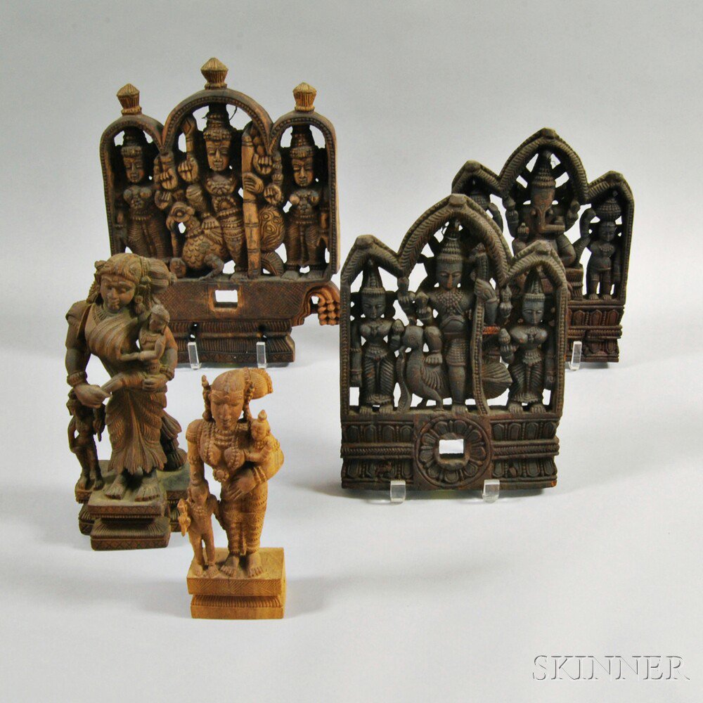 Appraisal: Five Carved Wood Objects India th th century including three