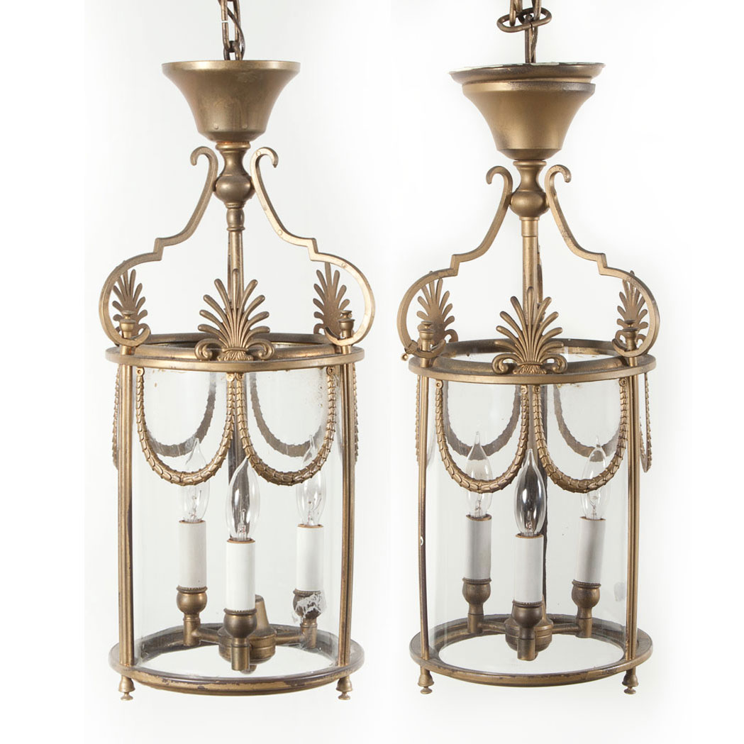 Appraisal: Pair of Empire Style Brass and Glass Three-Light Hall Lanterns