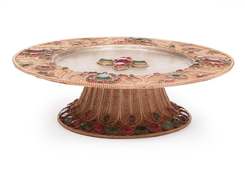 Appraisal: Nepalese Gemstone and Metal Filigree Embellished Tazza or Offering Stand