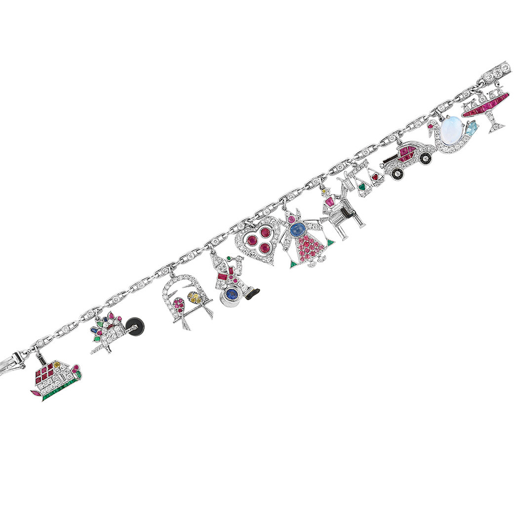 Appraisal: Platinum Diamond and Gem-Set Charm Bracelet The delicate link bracelet