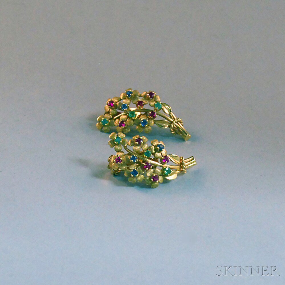 Appraisal: Pair of kt Gold Ruby Sapphire and Emerald Floral Earclips