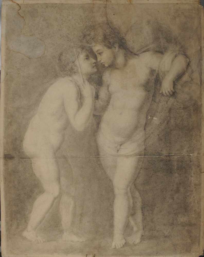 Appraisal: EUROPEAN SCHOOL LOVING COUPLE Chalk on paper laid down x